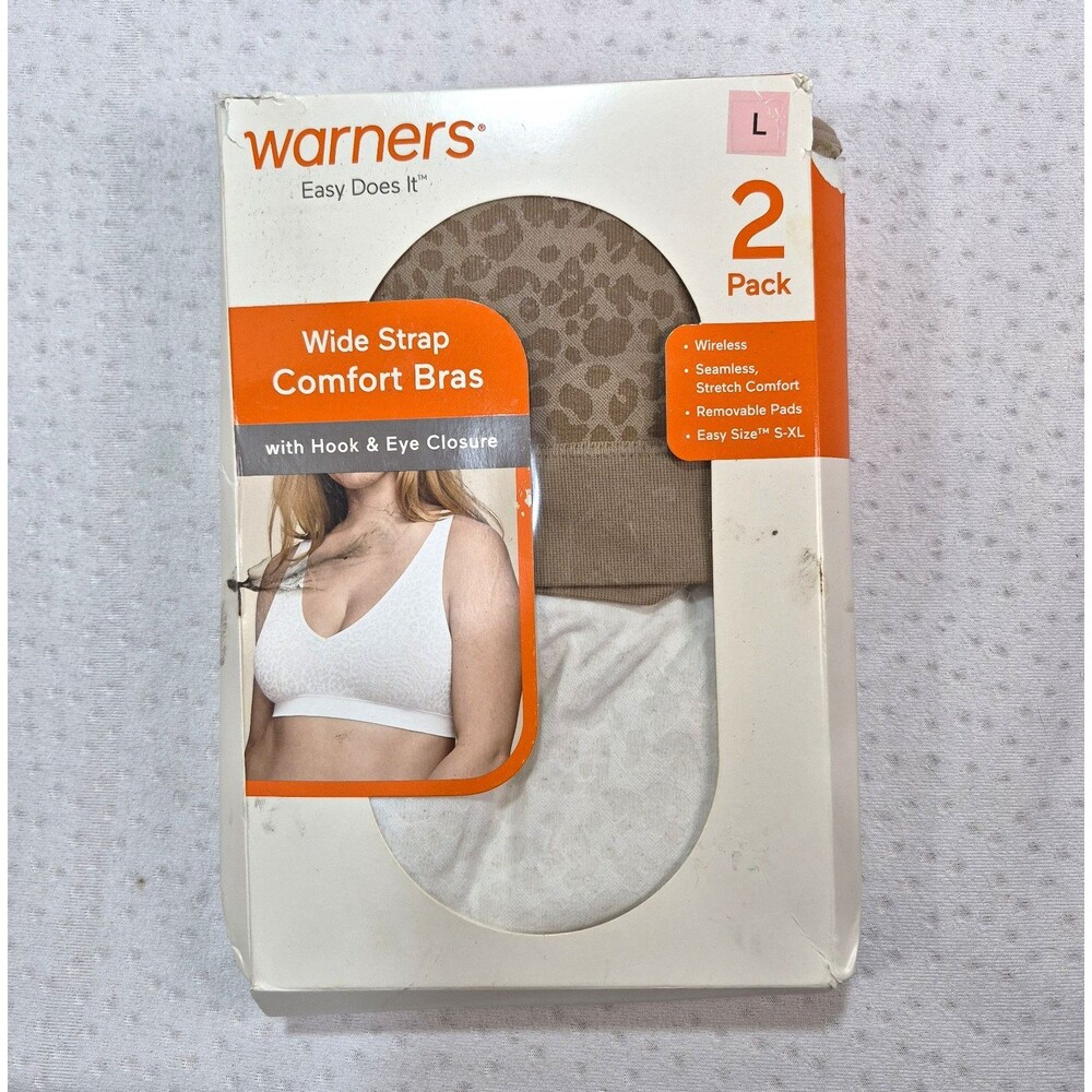 Warner's 2 Pack Wide Strap Comfort Wirefree Bras Size Large New Open Box